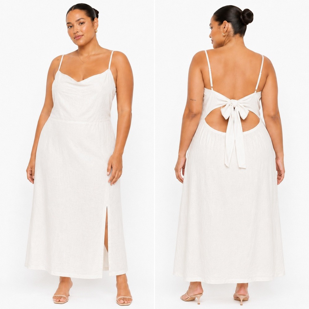 Gap Linen Blend Back Tie Cutout Midi Cami Dress Solid White Summer Size XXL